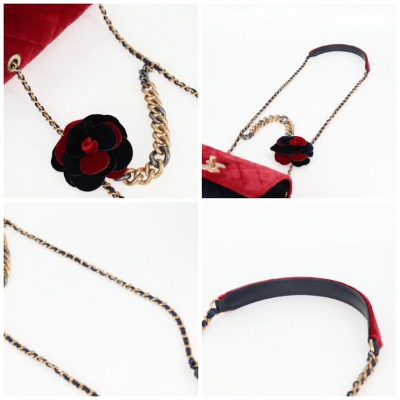 CHANEL Matelasse Camellia Chain Shoulder Bag Velor Red CC Auth KD378SM - Picture 16 of 16